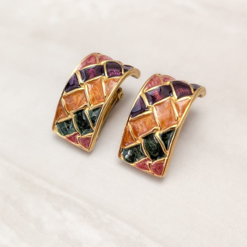 Vintage Clip On Earrings Extra Large Fall Tones Orange Green Burgundy Gold Tone